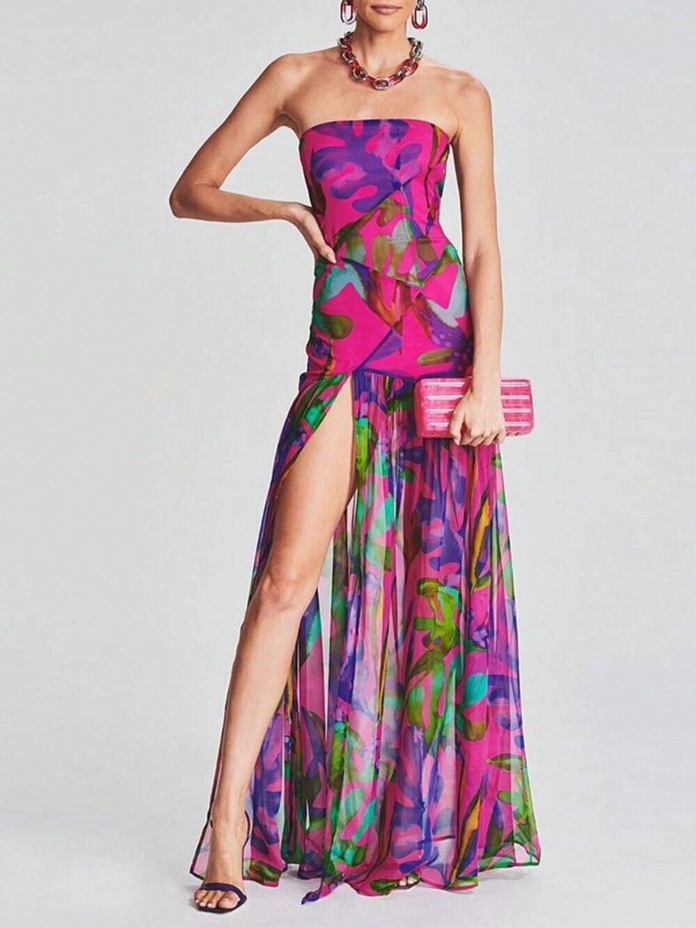 Purple Party Women's Tube Top Backless Mesh Leopard Print High Slit Dress